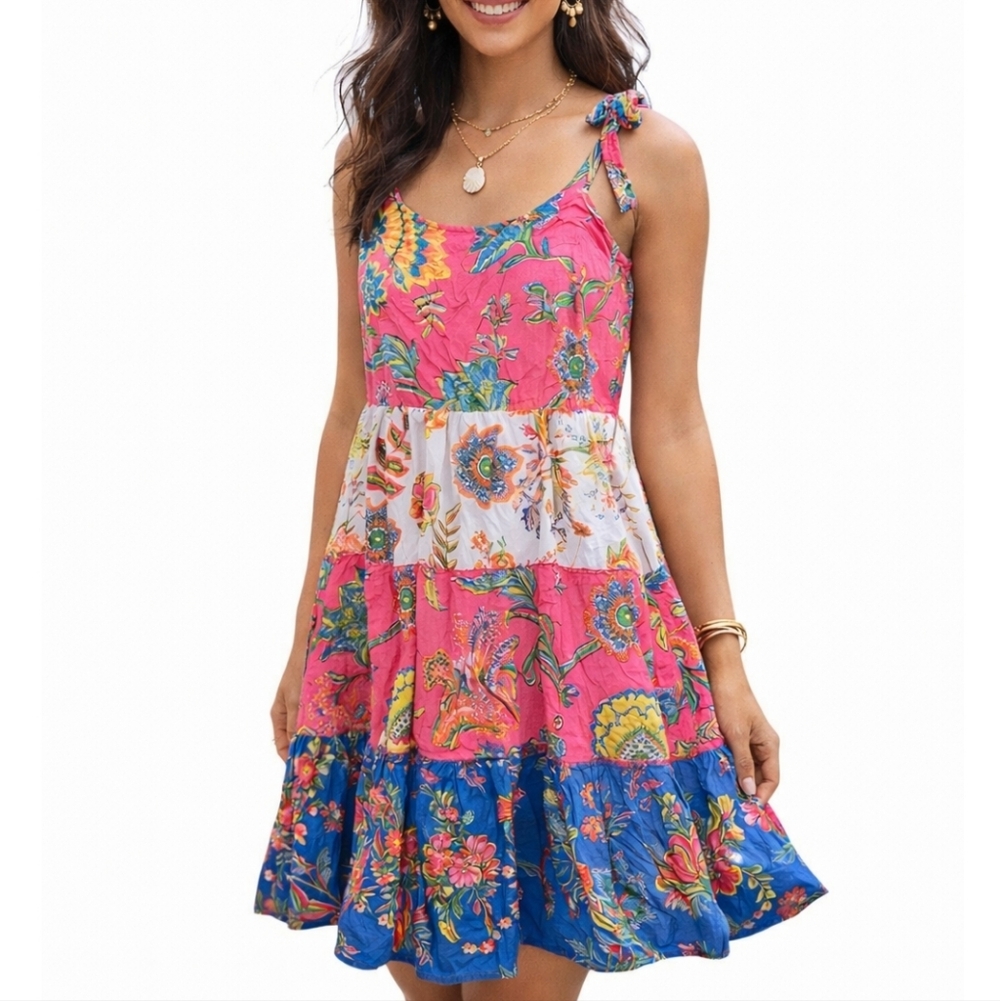 Avani Del Amour Boho Floral Tie Strap Sundress XL Multicolor Patchwork Tiered